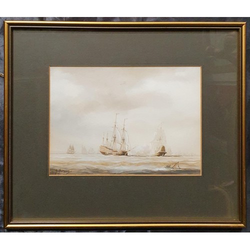 18 - Tim Thompson; Two 19th early 20th Century Watercolours of ships, one in battle on choppy seas. 18 x ... 