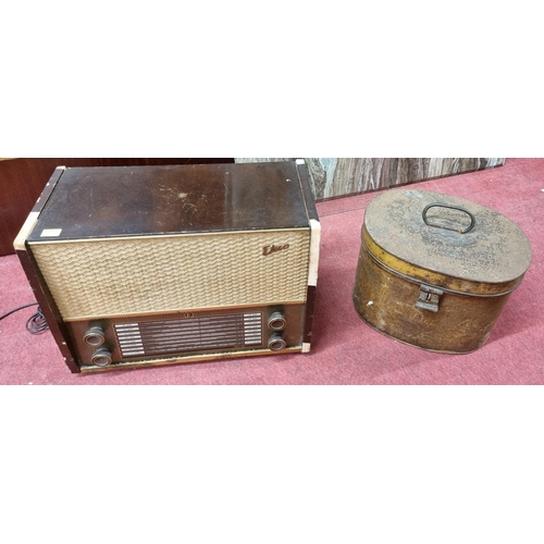 857 - A vintage Radio along with a 19th Century metal Hat Box.