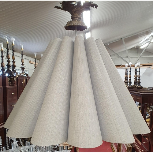 866 - An Unusual Pair of Large Wood Pleated light Shades with Heavy Brass ceiling Rose.
Length 55 Diameter... 