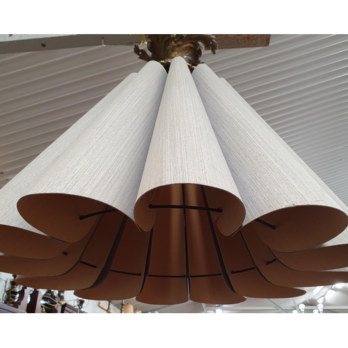 866 - An Unusual Pair of Large Wood Pleated light Shades with Heavy Brass ceiling Rose.
Length 55 Diameter... 