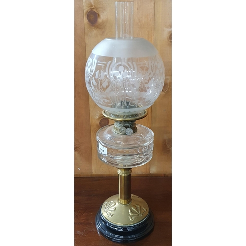 303 - A good 19th Century Brass and Glass Oil Lamp with bowl and etched glass shade. Not converted. H 60 c... 