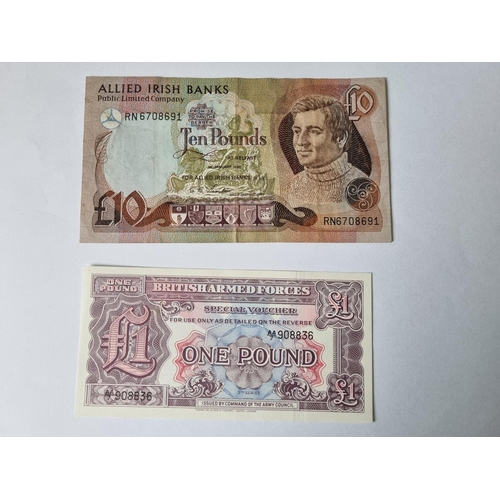 7 - An Allied Irish Bank £10 Note ex fine, along with a British Armed Forces £1 Note and others.