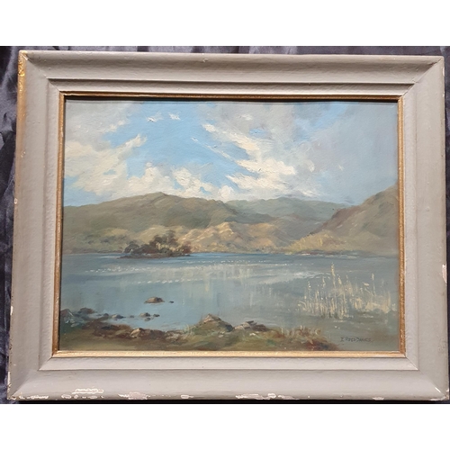 577 - Edith Rees-Davies. A 20th Century Oil on Board of a lake scene with rushes to the fore. Signed LR. H... 