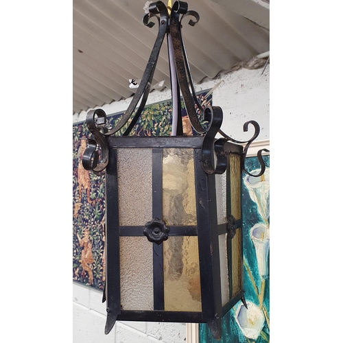 123 - A 20th Century Hall Lantern with coloured glass. Drop 47 x W 25 cm approx.