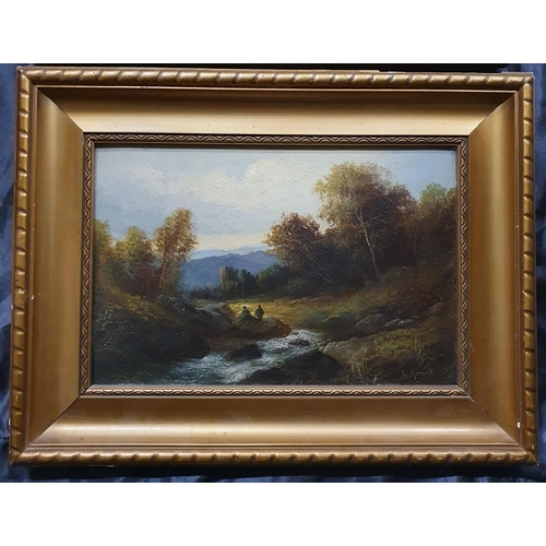 142 - A pair of 19th Century Oil on Board of lake and river scenes. In good gilt frames. 19 x 29 cm approx... 