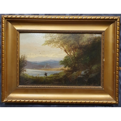 142 - A pair of 19th Century Oil on Board of lake and river scenes. In good gilt frames. 19 x 29 cm approx... 