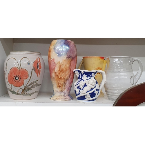 165 - A quantity of Delph Wares to include Vases, Teapot, Jugs etc on two shelves.