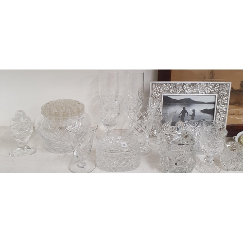 185 - A quantity of decorative items to include Crystal, a signed Print etc. on one shelf.