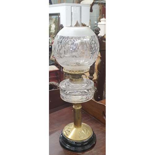 303 - A good 19th Century Brass and Glass Oil Lamp with bowl and etched glass shade. Not converted. H 60 c... 