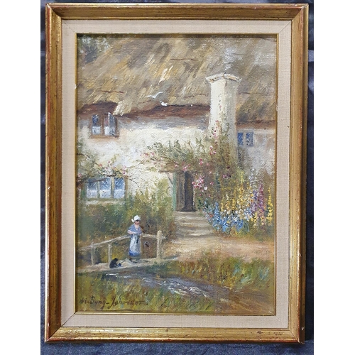 335 - Two Oils on Board of cottage scenes with figures, horses and ducks, signed Johnson. In gilt frames. ... 