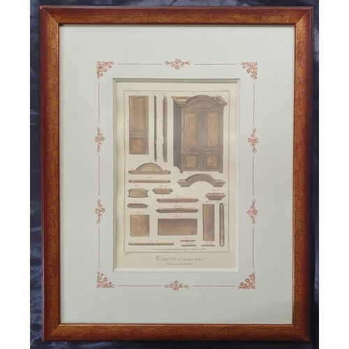 349 - A good pair of coloured Prints of bookplates of furniture. Well framed. 47 x 38 cm approx.