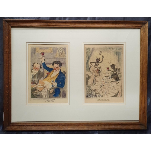 39 - A pair of hand coloured Caricature 'Morning and Night'. In original oak frames.