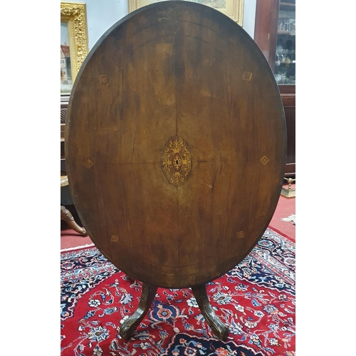 501 - A 19th Century oval Walnut and inlaid supper Table on quatrefoil base. 119 x 89 cm approx.