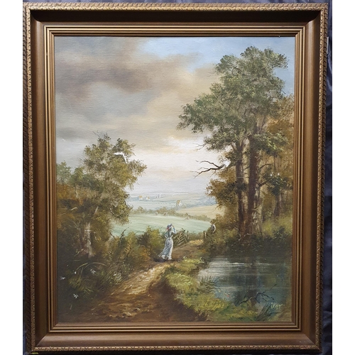 53 - An Oil on Board of a Woman walking down a path. Indistinctly signed LR. 60 x 50  cm approx.