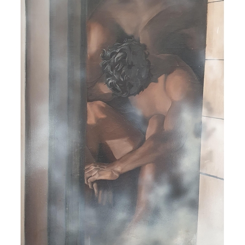 65 - A large Oil on Canvas of Men in a steam room. No apparent signature. 183 x 127  cm approx.