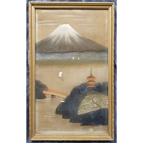 83 - A Japanese Watercolour of Mount Fuji along with a coaching print. 34 x 20, 38 x 48 cm approx. #