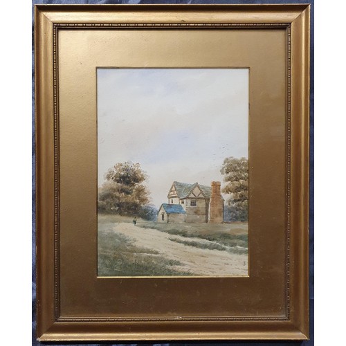 847 - A 19th Century Watercolour of a farm house with a woman walking, monogrammed J.B LR. 19 x 30 cm appr... 