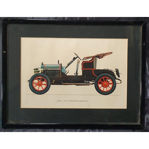 524 - A good pair of coloured Prints of cars Renault 1910 and an Opel 1909. 32 x 43 cm approx.