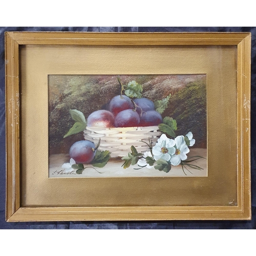 528 - A pair of 19th Century Oils On Card Still Life of fruit on a table setting, indistinctly signed LL. ... 