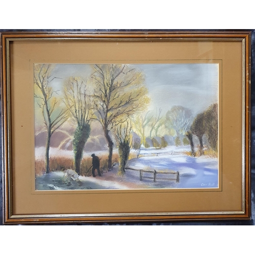 533 - A pair of 20th Century Pastels by Eric Ball of a sunset scene beside the sea and a winter scene sign... 