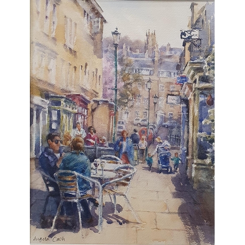 534 - Angela Cash; A 20th Century Watercolour of people having lunch along a street signed LL. 37 x 28 cm ... 