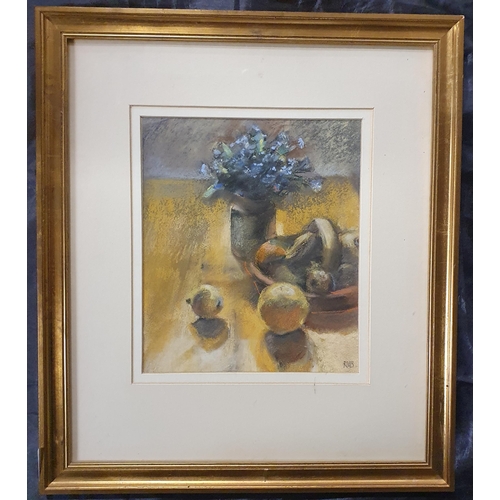 552 - A 20th Century Pastel still life of Fruit on a table setting with a bunch of flowers. Monogrammed RH... 