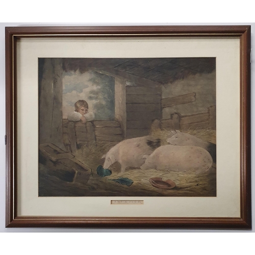 573 - An 18th/19th Century hand coloured Print 'The Boy and Pigs' after George Moreland. 50 x 60 cm approx... 