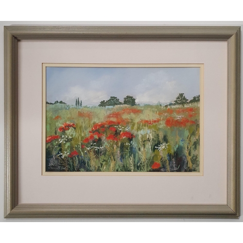 826 - A 20th Century Pastel of Poppies in a field in full bloom. 24 x 35 cm approx.