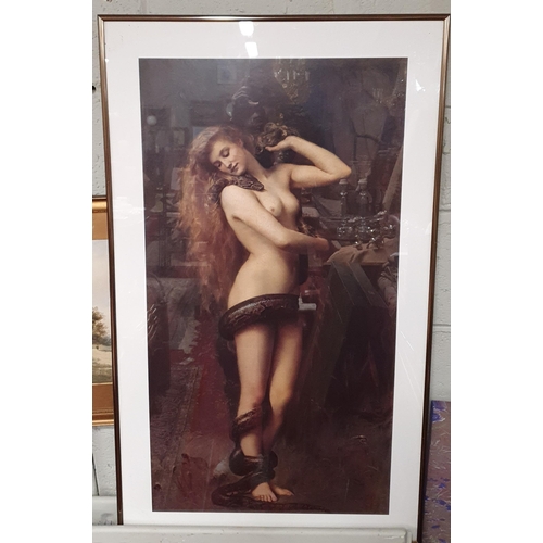 848 - A coloured Print of a naked lady with a serpent. 99 x 58 cm approx, a large Oil and Oleograph of a s... 