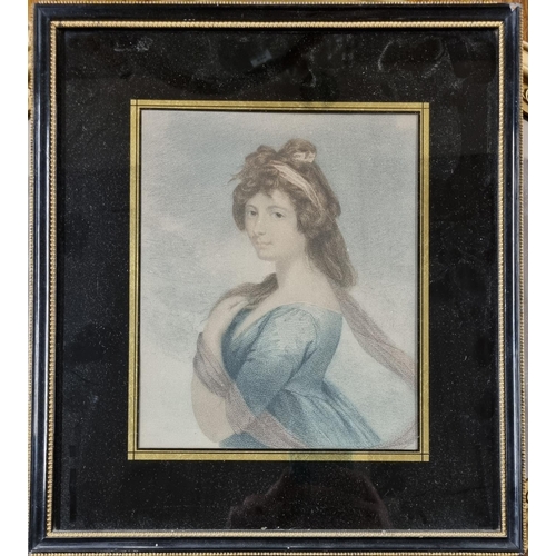 860 - A 19th Century coloured Engraving of a beautiful woman in an eglomise glass frame. 34 x 30 cm approx... 