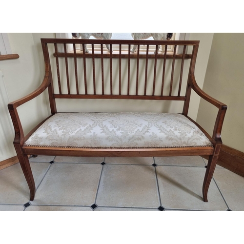 1 - An Edwardian Mahogany and Inlaid two seater Couch with square tapered supports and bow front with ri... 
