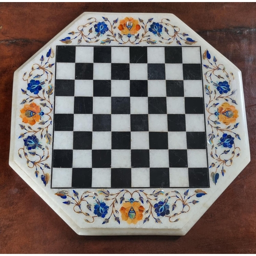 104 - A really good white Marble top with highly inlaid outline with chessboard middle profusely inlaid wi... 