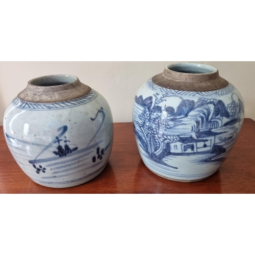 113 - A good near pair of early Chinese ginger Pots with timber Lids in blue ground. H 16 cm approx.