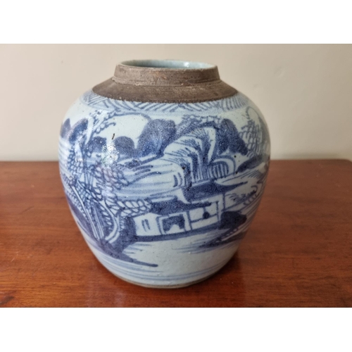 113 - A good near pair of early Chinese ginger Pots with timber Lids in blue ground. H 16 cm approx.