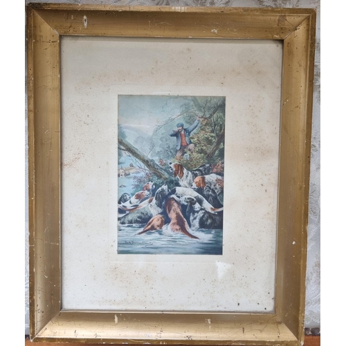 17 - Fred Thomas Smith. A 19th Century Watercolour of Hounds on the hunt. Signed LL.
 16 x 10 cm approx.
