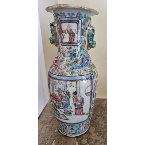 52 - A good pair of early Oriental Vases with hand painted decoration depicting a man begging and two war... 