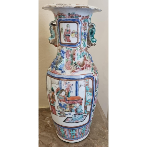 52 - A good pair of early Oriental Vases with hand painted decoration depicting a man begging and two war... 
