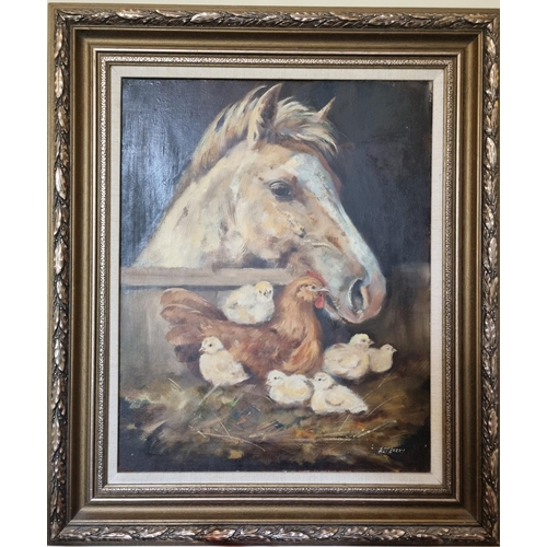 68 - A 20th Century Oil on Canvas of a foal with hen and chicks. Indistinctly signed LR. 50 x 40  cm appr... 