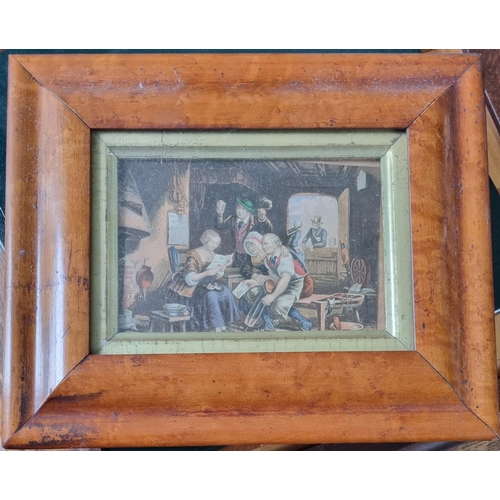 87 - A 19th Century Baxter Print along with two 19th Century coloured prints in birds eye maple frames. A... 