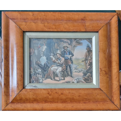 87 - A 19th Century Baxter Print along with two 19th Century coloured prints in birds eye maple frames. A... 