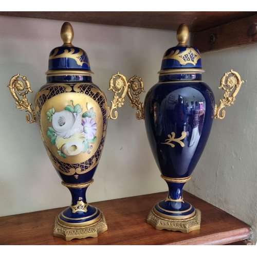 93 - A good pair of Limoges hand painted Urns with lids and ormolu mounts.
H 30 cm approx.