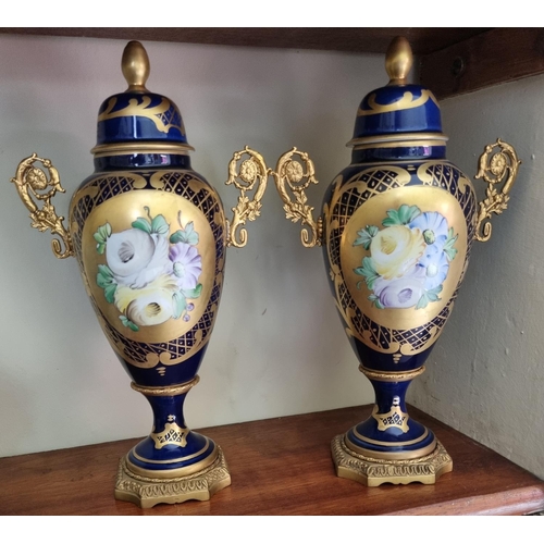 93 - A good pair of Limoges hand painted Urns with lids and ormolu mounts.
H 30 cm approx.