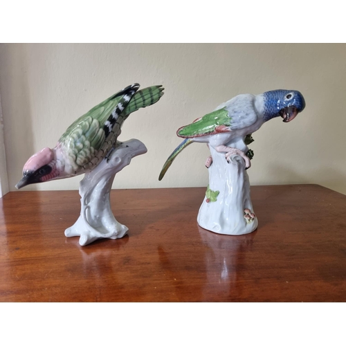 98 - A good early Dresden figural group of a Parakeet on a stand along with a Noritake example. H 19 cm a... 