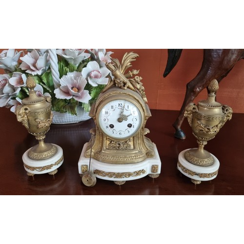 49 - A really good 19th Century Bronze and Ormolu Clock Garniture with white dial face on a white marble ... 
