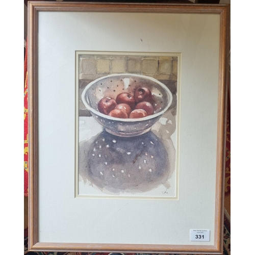 331A - A 20th century Watercolour of Plums in a colander. Monogrammed LR. With Patricia Anne verso. 44 x 34... 