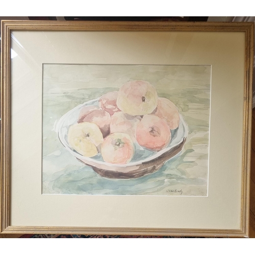 334 - A 20th Century Watercolour still life of peaches in a bowl by Joan Brady. Signed LR.  25 x 32 cm app... 