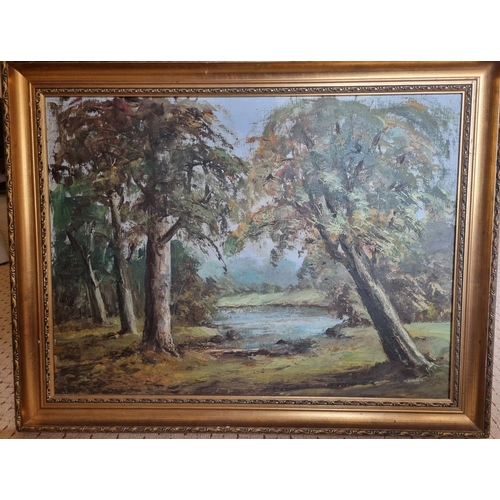 593 - D Thornton. An Oil on Board of a river scene with trees to the fore. Signed LR. 56 x 75cm approx.