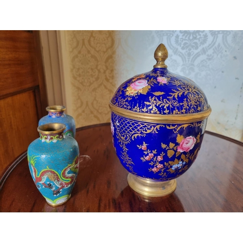 123 - A large Cloisonne Tea Urn with lid with ormolu mounts along with a pair of miniature Cloisonne bud v... 