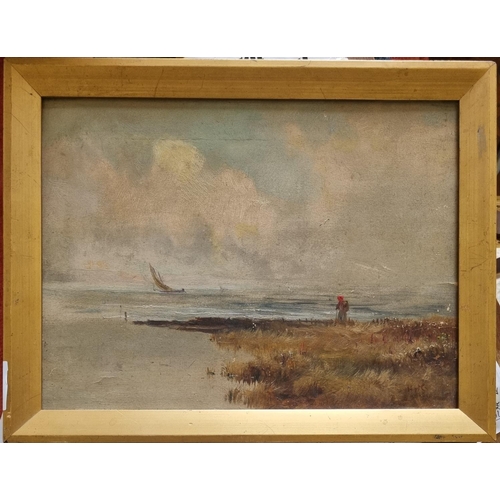 127 - Irish School, 19th Century Oil on Board of
Seaweed gatherer in a coastal landscape, boats beyond. Si... 