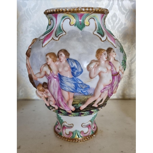 138 - A good pair of hand painted Urns with lids depicting Maidens and Cherubs playing. With gold outline.... 